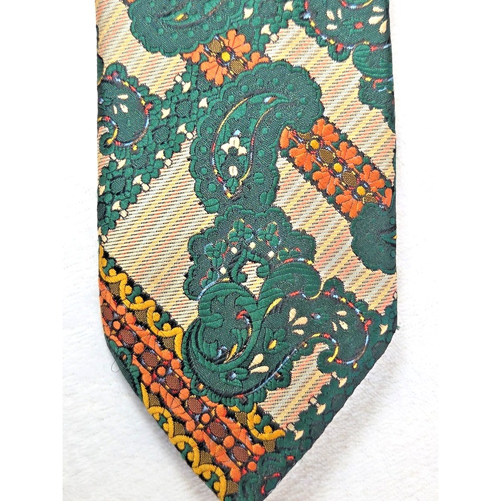 NEW! 1970s Mens Neckie VINTAGE Paisley Floral Green Orange Tapestry Oleg Cassini